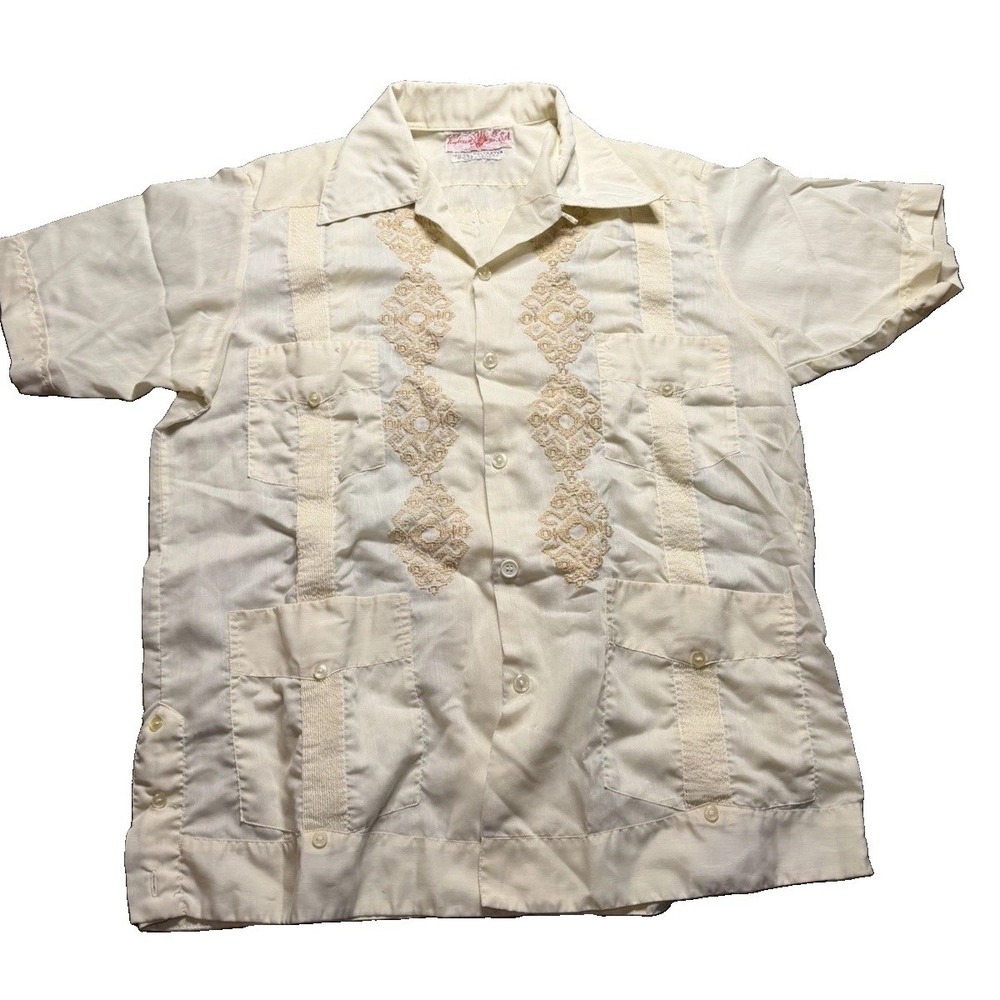 VTG Mexican Guayabera Shirt Mens XL Ivory Embroidered Yucatan Wedding 4 Pocket